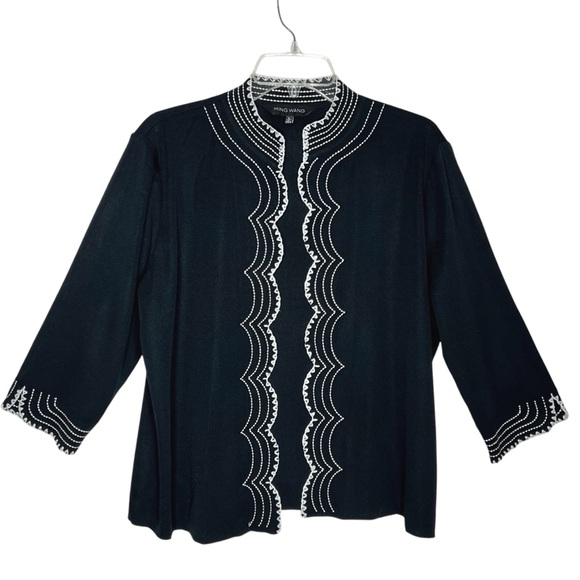 Ming Wang Sweaters - Ming Wang Embroidered Scallop Cardigan Size L Black Acrylic Knit Open Front
